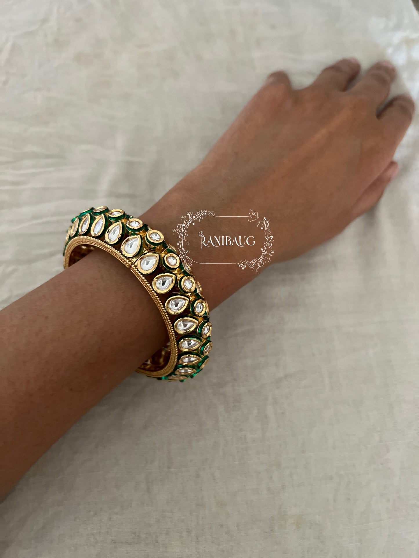 Ruhani Royal Green Kundan Bangles In Premium Gold Plating By Ranibaug