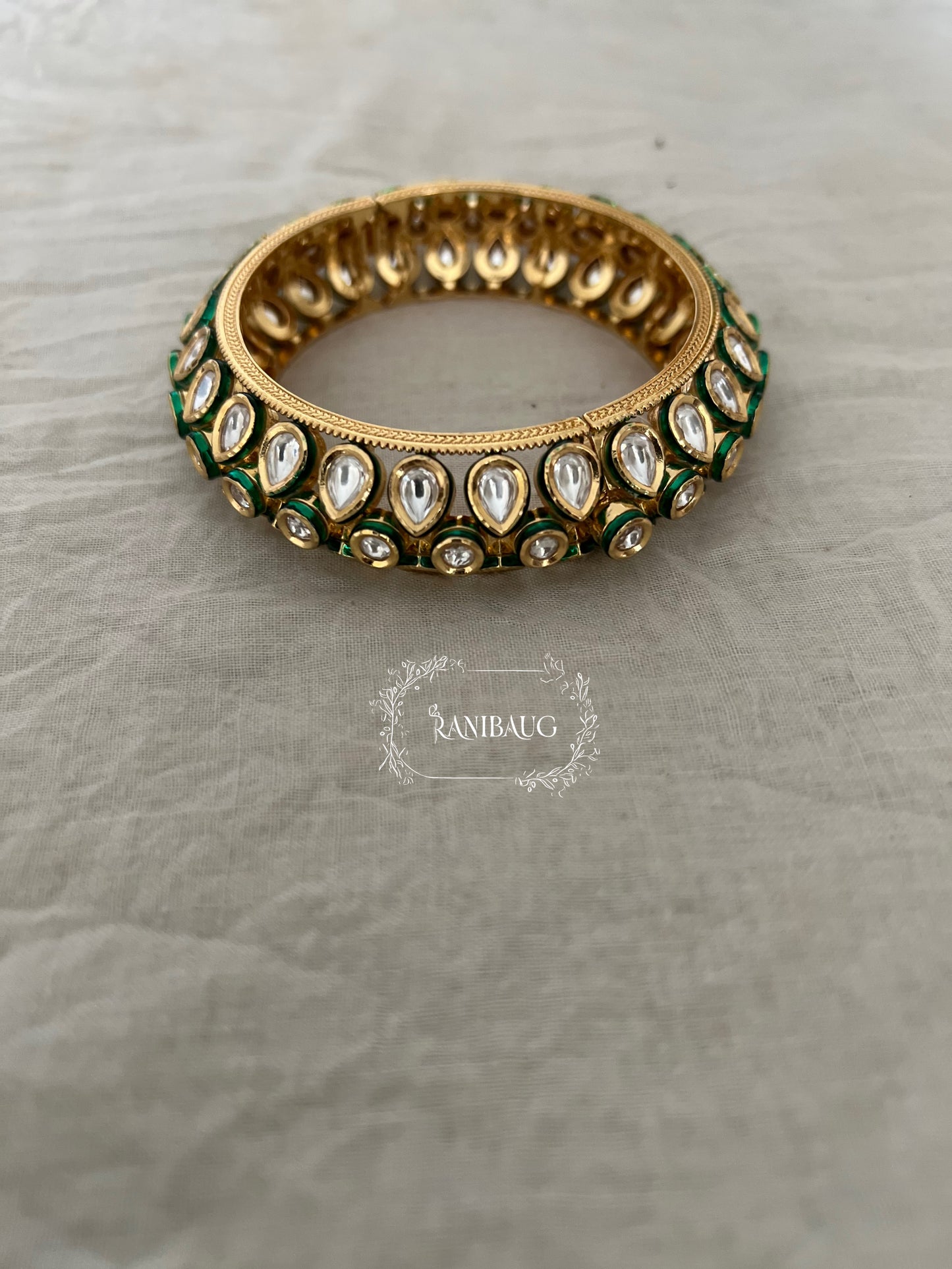 Ruhani Royal Green Kundan Bangles In Premium Gold Plating By Ranibaug