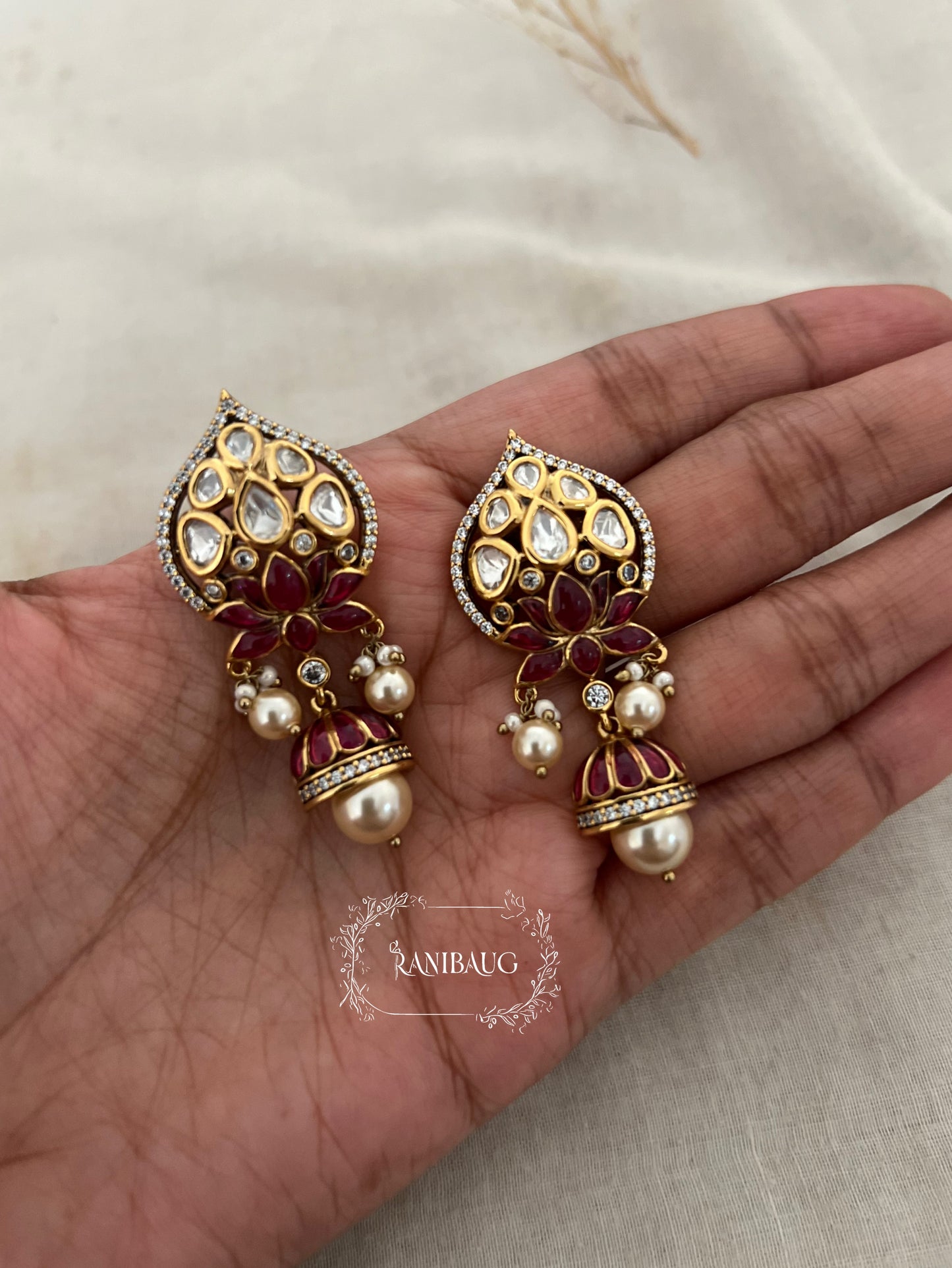 Ruhani Tradtional Indian Lotus Motif Temple Gold Plated Kundan Stud Earrings By Ranibaug