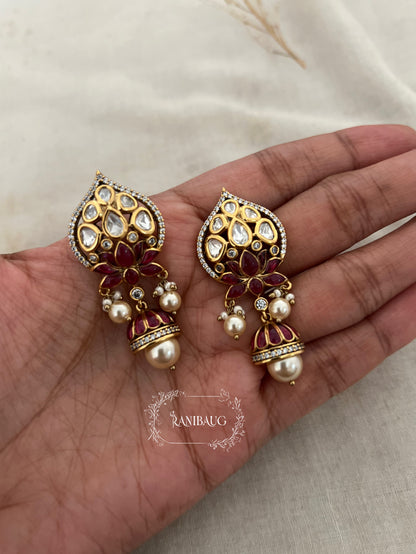 Ruhani Tradtional Indian Lotus Motif Temple Gold Plated Kundan Stud Earrings By Ranibaug