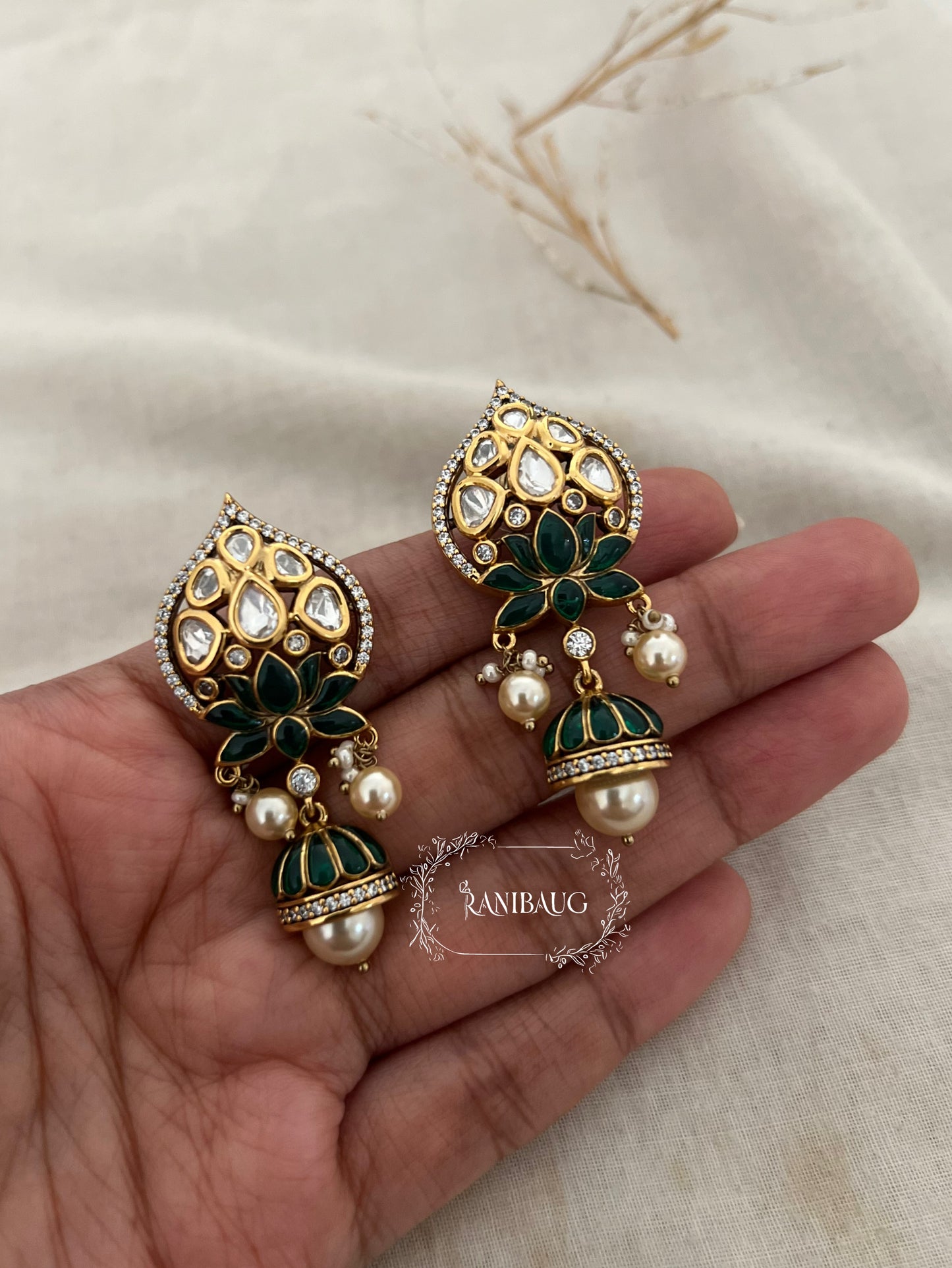 Ruhani Tradtional Indian Lotus Motif Temple Gold Plated Kundan Stud Earrings By Ranibaug