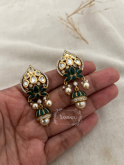 Ruhani Tradtional Indian Lotus Motif Temple Gold Plated Kundan Stud Earrings By Ranibaug