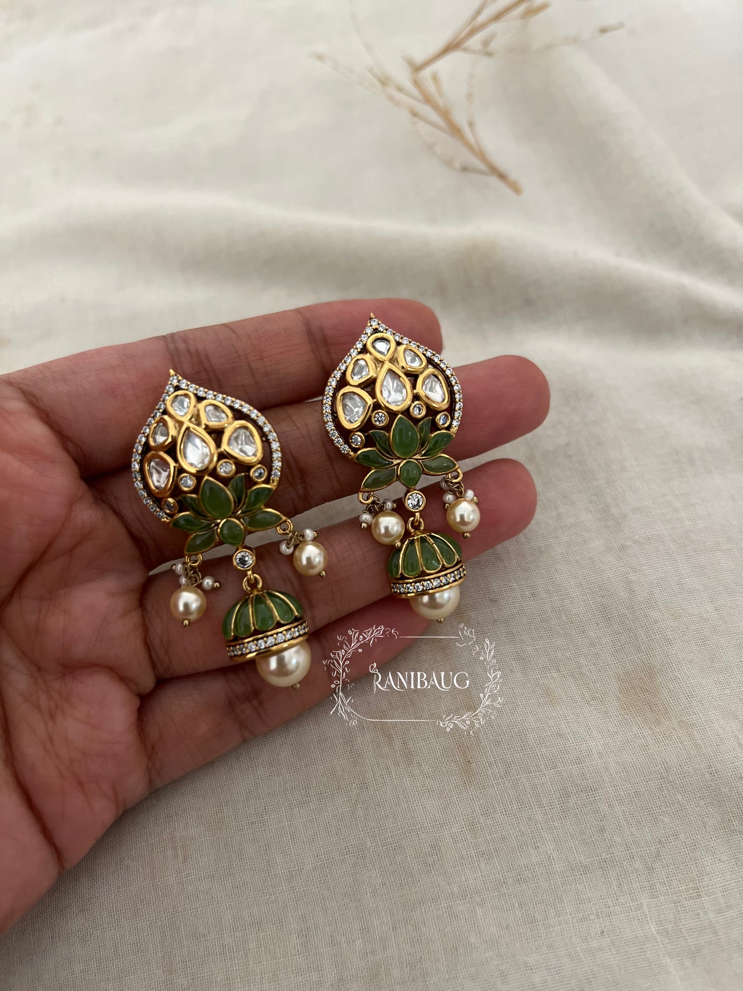Ruhani Tradtional Indian Lotus Motif Temple Gold Plated Kundan Stud Earrings By Ranibaug