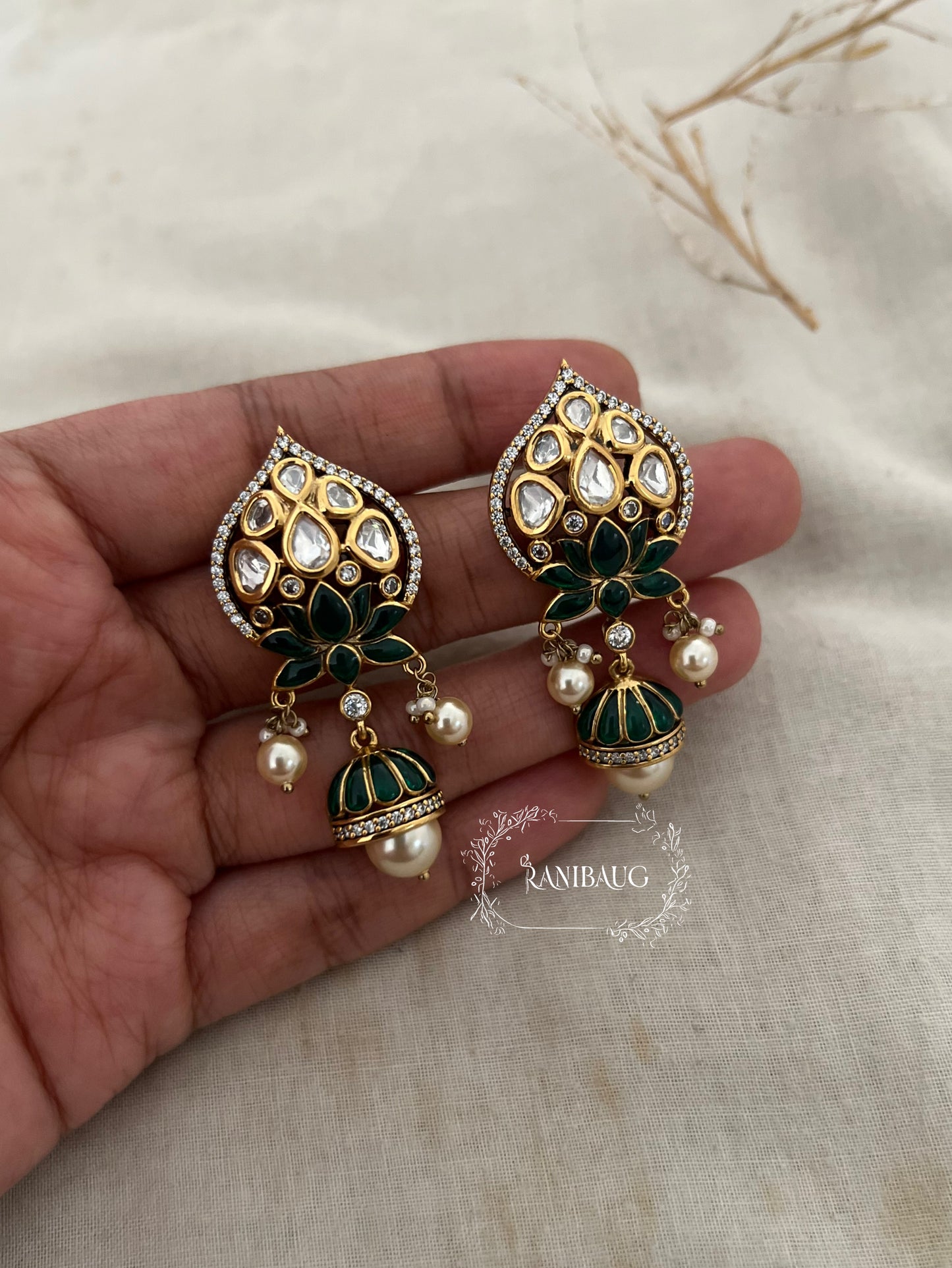 Ruhani Tradtional Indian Lotus Motif Temple Gold Plated Kundan Stud Earrings By Ranibaug