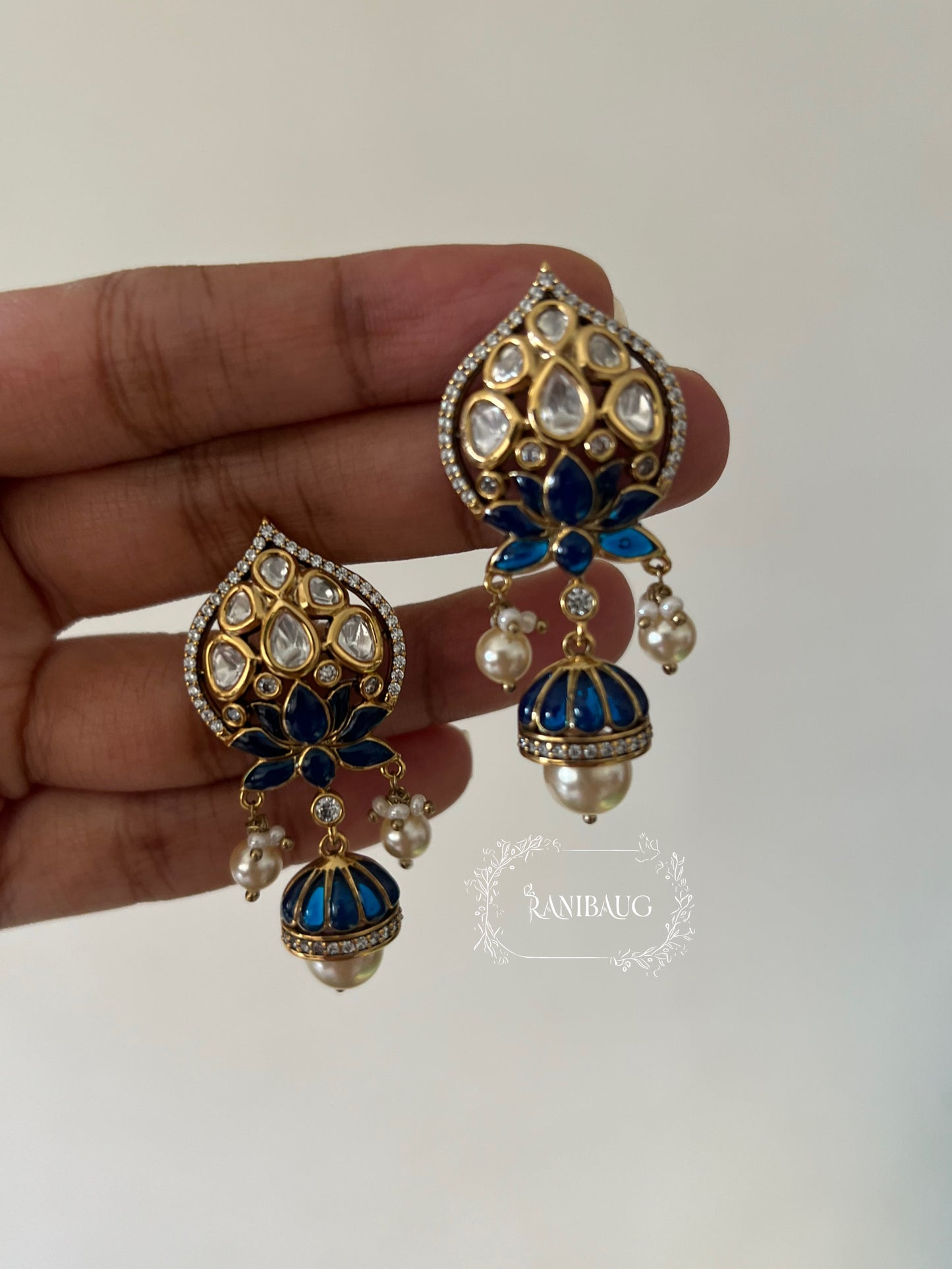 Ruhani Tradtional Indian Lotus Motif Temple Gold Plated Kundan Stud Earrings By Ranibaug