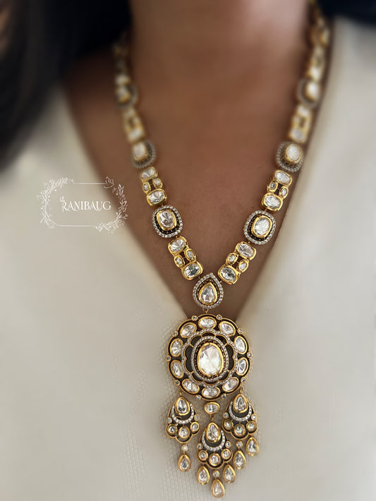 Ruhani Victorian Mossainite Royal Long Necklace Jewelry Set By Ranibaug | Vintage Royal Wedding Festive Jewellery Collection 2025 2026