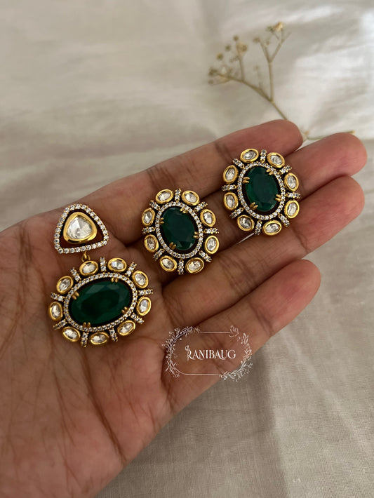 Ruhanika Green Emerald Gemstone Polki Kundan Gold Finish Jewellery Set By Ranibaug