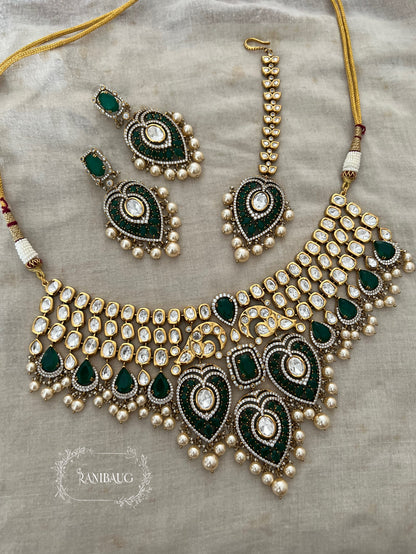 Rukmini Heavy Bridal Polki Gold Plated Green Necklace Jewellery Set With Maang Tikka By Ranibaug