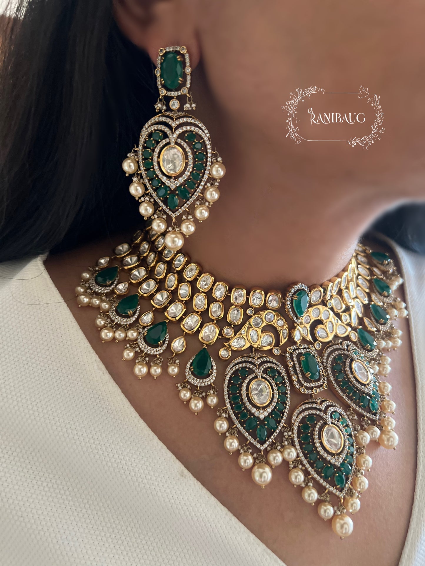 Rukmini Heavy Bridal Polki Gold Plated Green Necklace Jewellery Set With Maang Tikka By Ranibaug