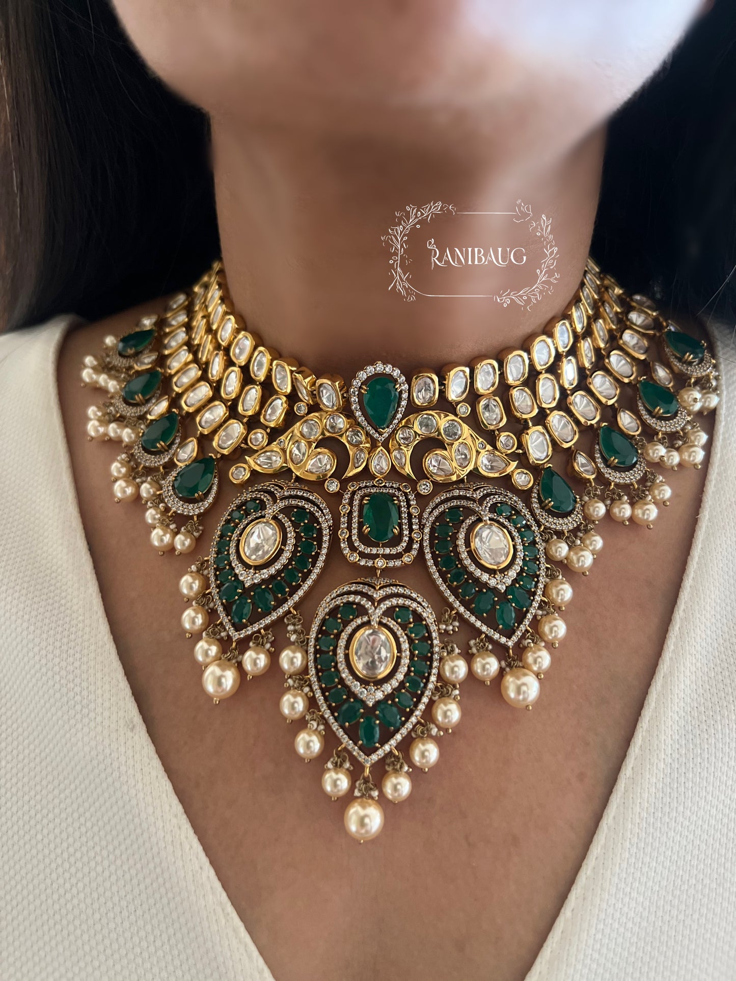 Rukmini Heavy Bridal Polki Gold Plated Green Necklace Jewellery Set With Maang Tikka By Ranibaug