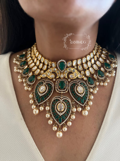 Rukmini Heavy Bridal Polki Gold Plated Green Necklace Jewellery Set With Maang Tikka By Ranibaug