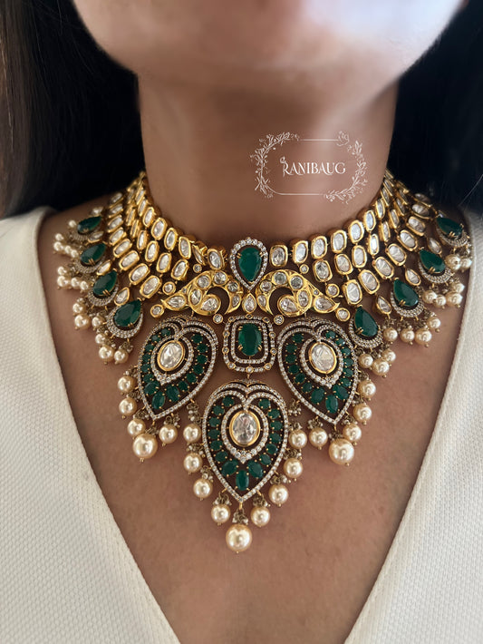 Rukmini Heavy Bridal Polki Gold Plated Green Necklace Jewellery Set With Maang Tikka By Ranibaug