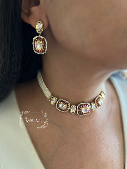 Rukmini Rectangular Motif Mossainite Kundan And Pearl Strands Indian Choker Set By Ranibaug | Trendiest Jewelry Collection 2025 2026