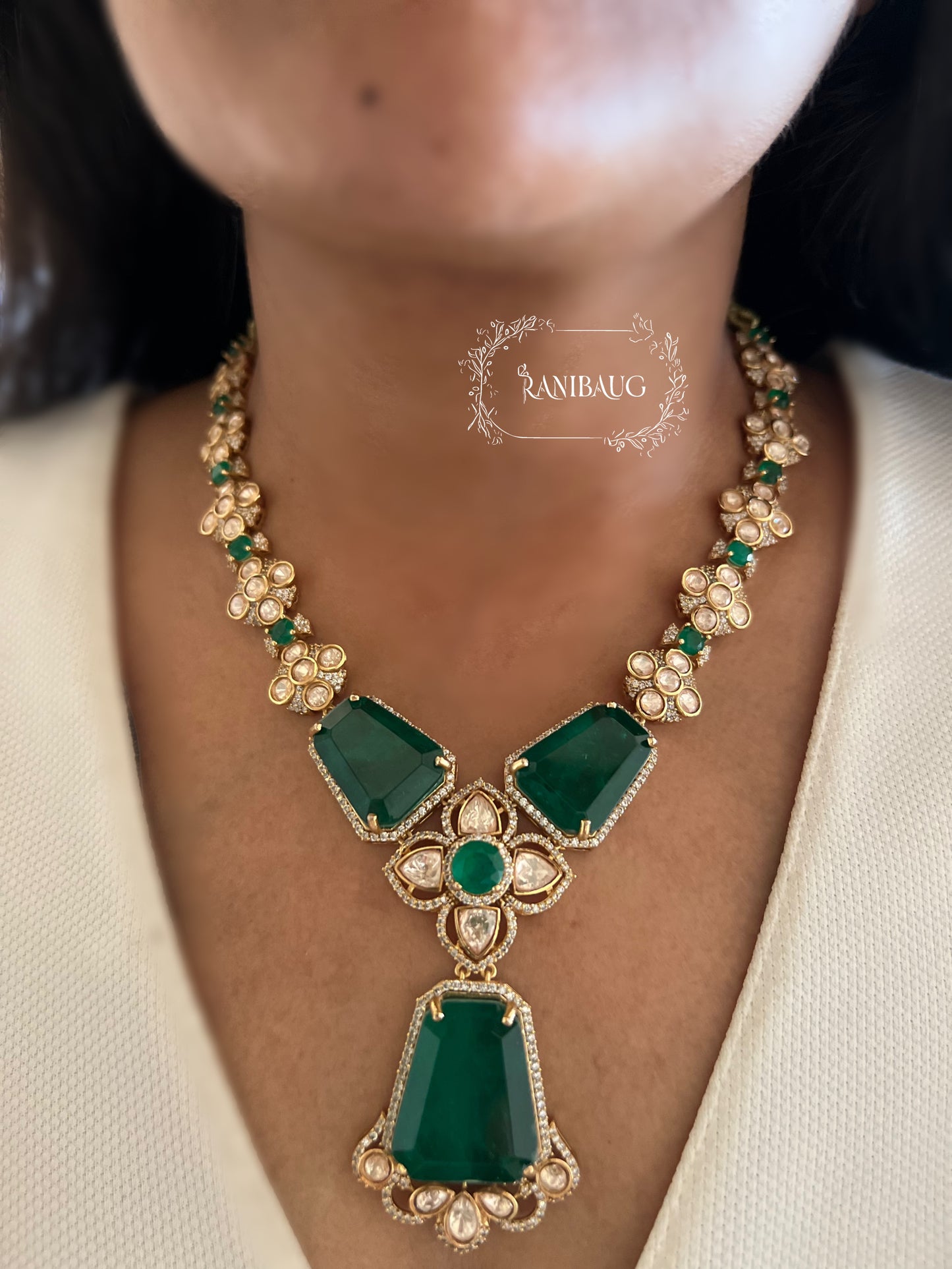 Rumani Emerald Highlight Victorian Medium Long Necklace Jewelry Set By Ranibaug