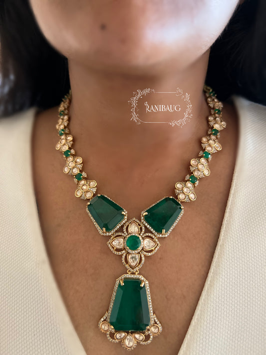 Rumani Emerald Highlight Victorian Medium Long Necklace Jewelry Set By Ranibaug