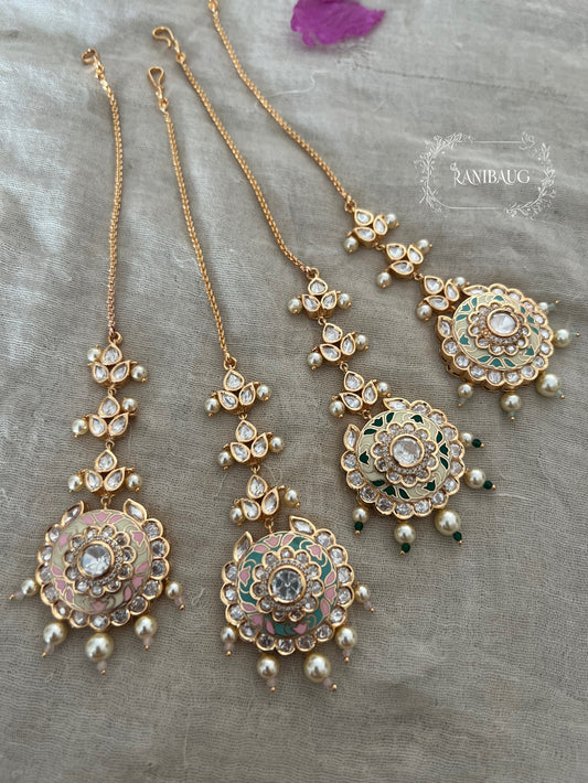 Rumika Gold And Pastel Tone Maang Tikka For Women By Ranibaug
