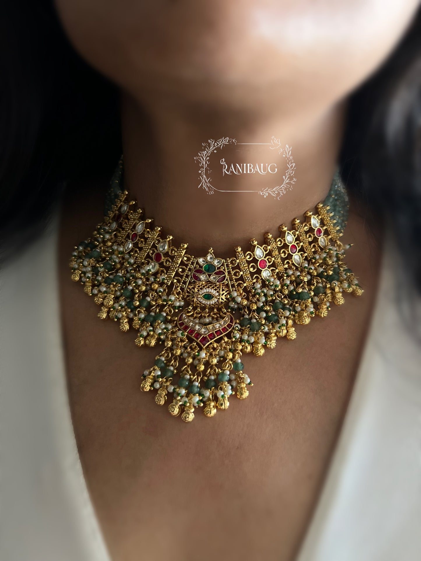 Rushali Royal Gold Finish Pearl Adorned Beaded Paachi Kundan Work Heritage Necklace Set By Ranibaug