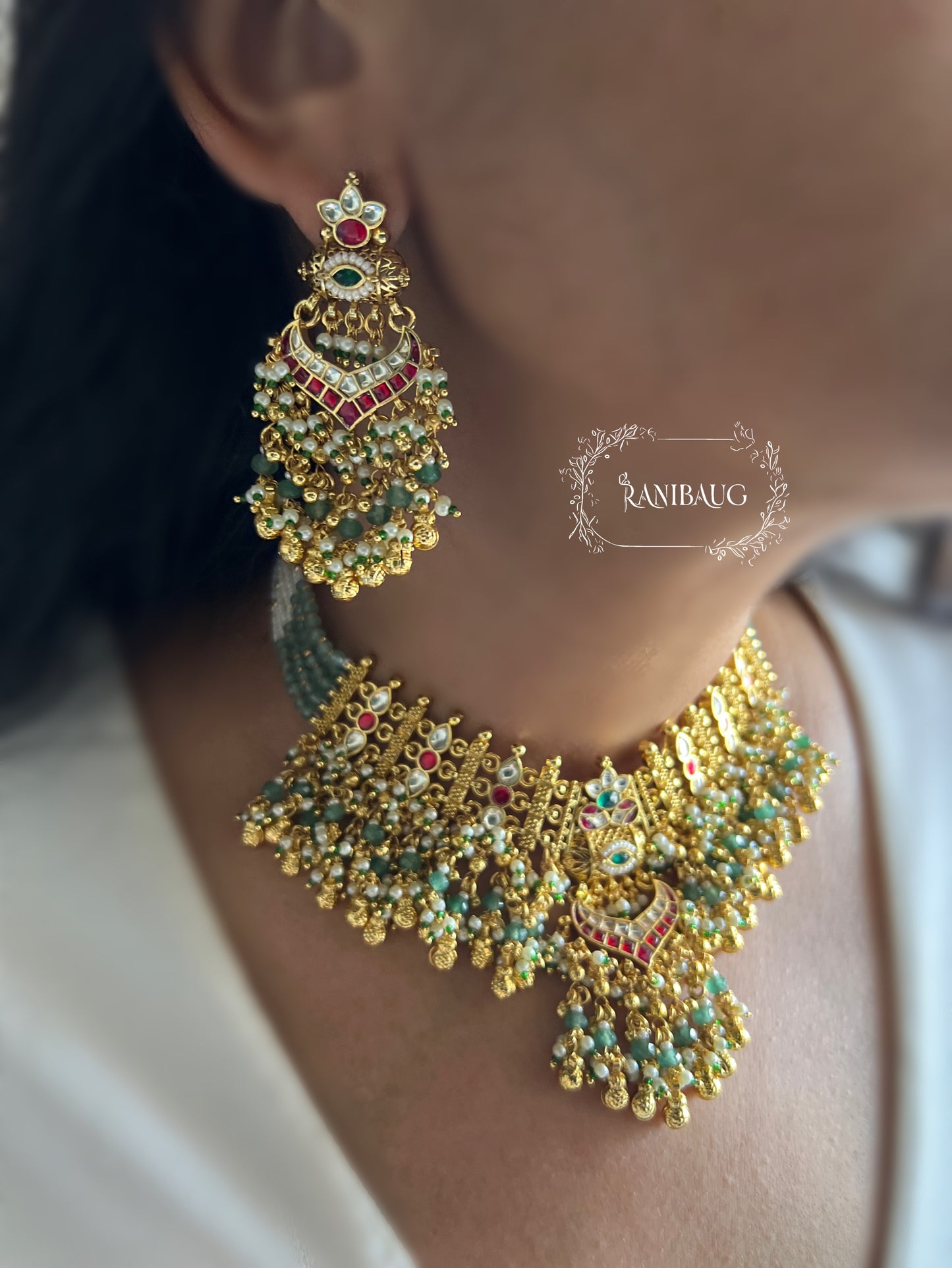Rushali Royal Gold Finish Pearl Adorned Beaded Paachi Kundan Work Heritage Necklace Set By Ranibaug