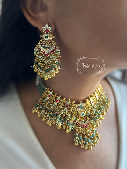 Rushali Royal Gold Finish Pearl Adorned Beaded Paachi Kundan Work Heritage Necklace Set By Ranibaug