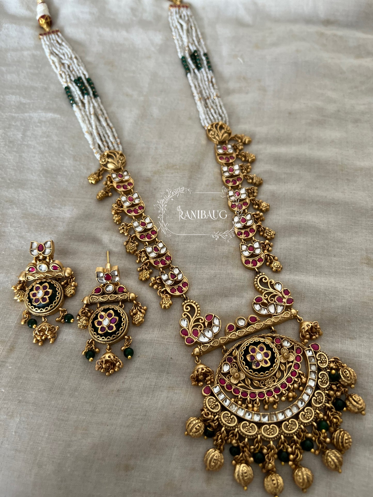 Rutu Traditional Indian Gold Finish Polki Studded And Beaded Heritage Necklace Set For South Indian Weddings By Ranibaug