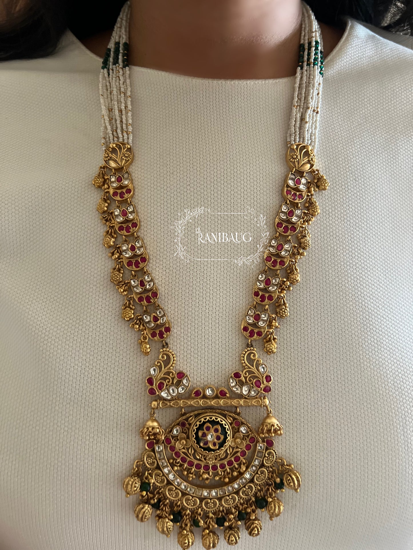 Rutu Traditional Indian Gold Finish Polki Studded And Beaded Heritage Necklace Set For South Indian Weddings By Ranibaug