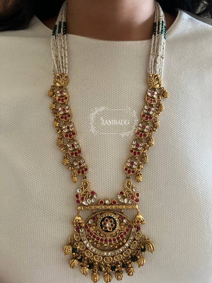 Rutu Traditional Indian Gold Finish Polki Studded And Beaded Heritage Necklace Set For South Indian Weddings By Ranibaug