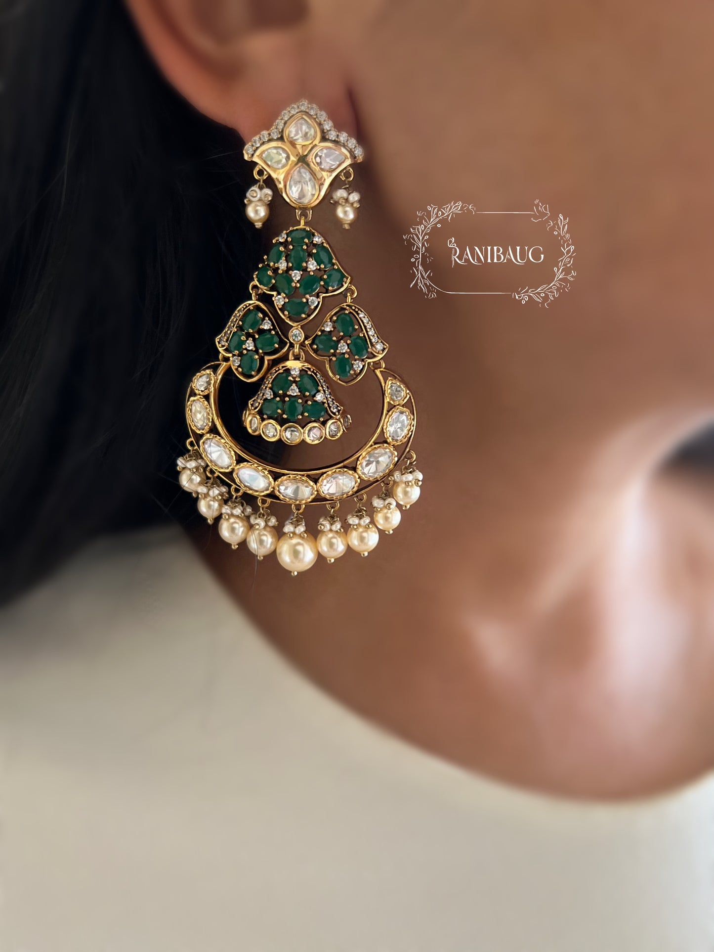 Rutuja Royal Mossainite And Emerald Antique Gold Chandbali | Ranibaug