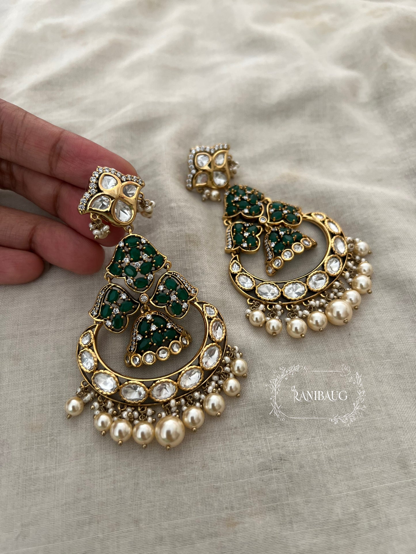 Rutuja Royal Mossainite And Emerald Antique Gold Chandbali | Ranibaug