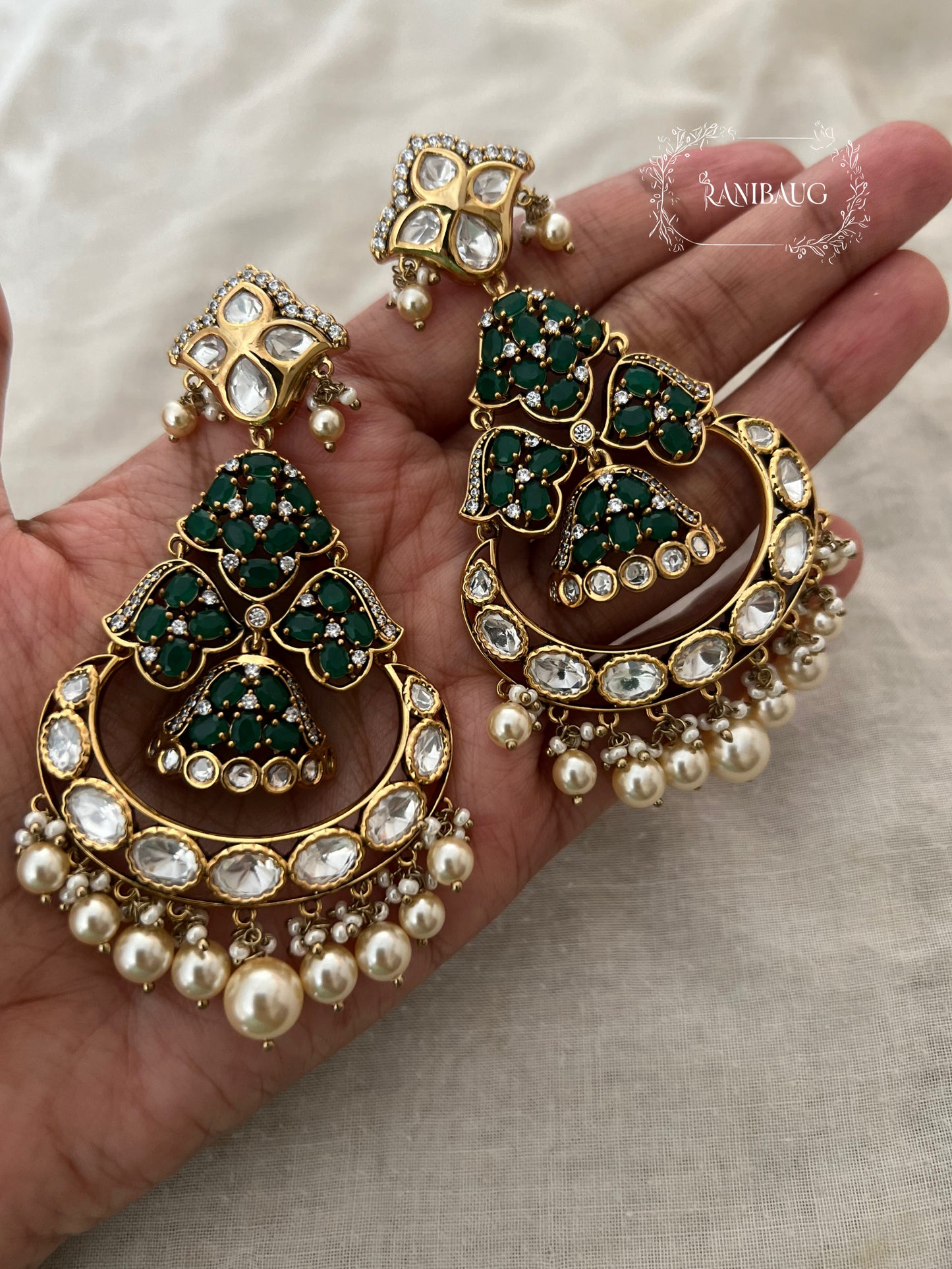 Rutuja Royal Mossainite And Emerald Antique Gold Chandbali | Ranibaug