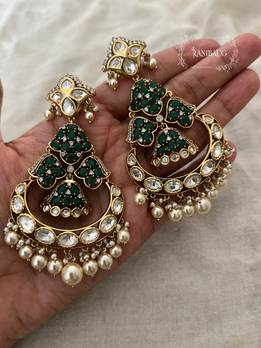 Rutuja Royal Mossainite And Emerald Antique Gold Chandbali | Ranibaug