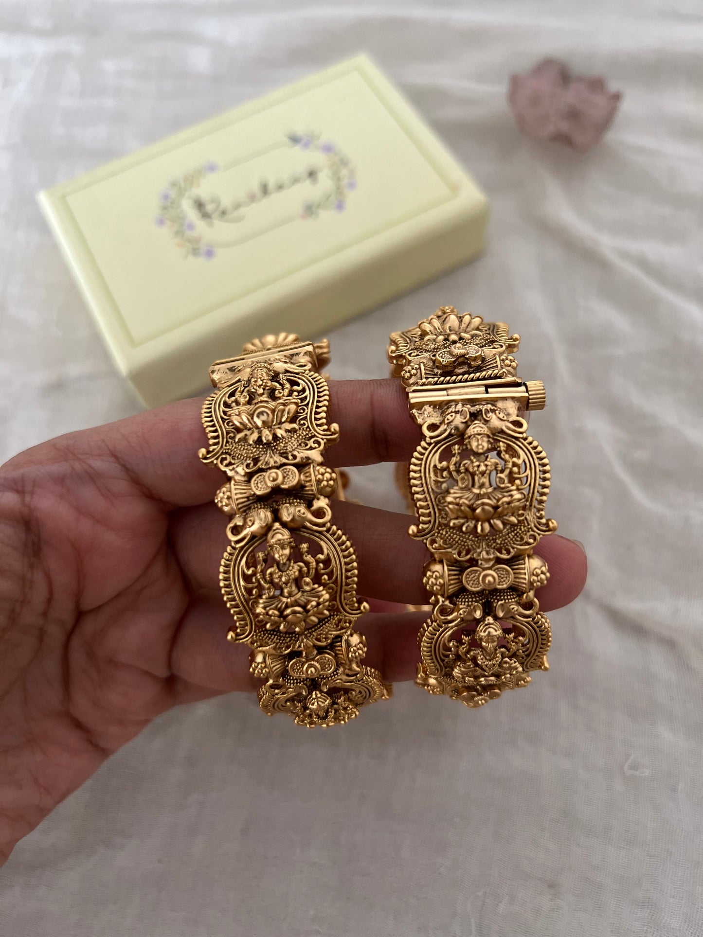 Rutvi Designer Goddess Lakshmi Bangle In Rich Gold Finish By Ranibaug