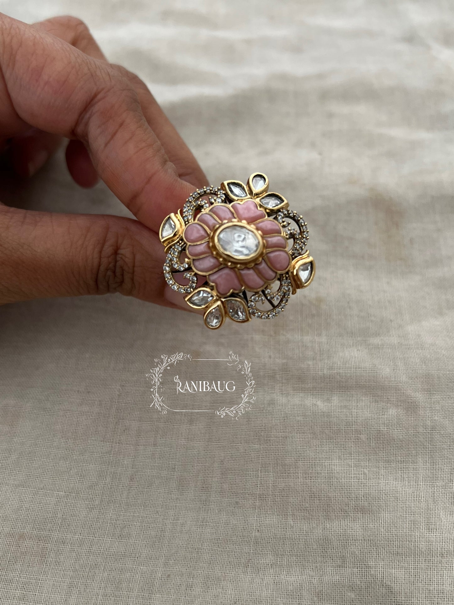 Rutvi Royal Traditional Vintage Gold Finish Polki Statement Festive Ring Jewelry By Ranibaug