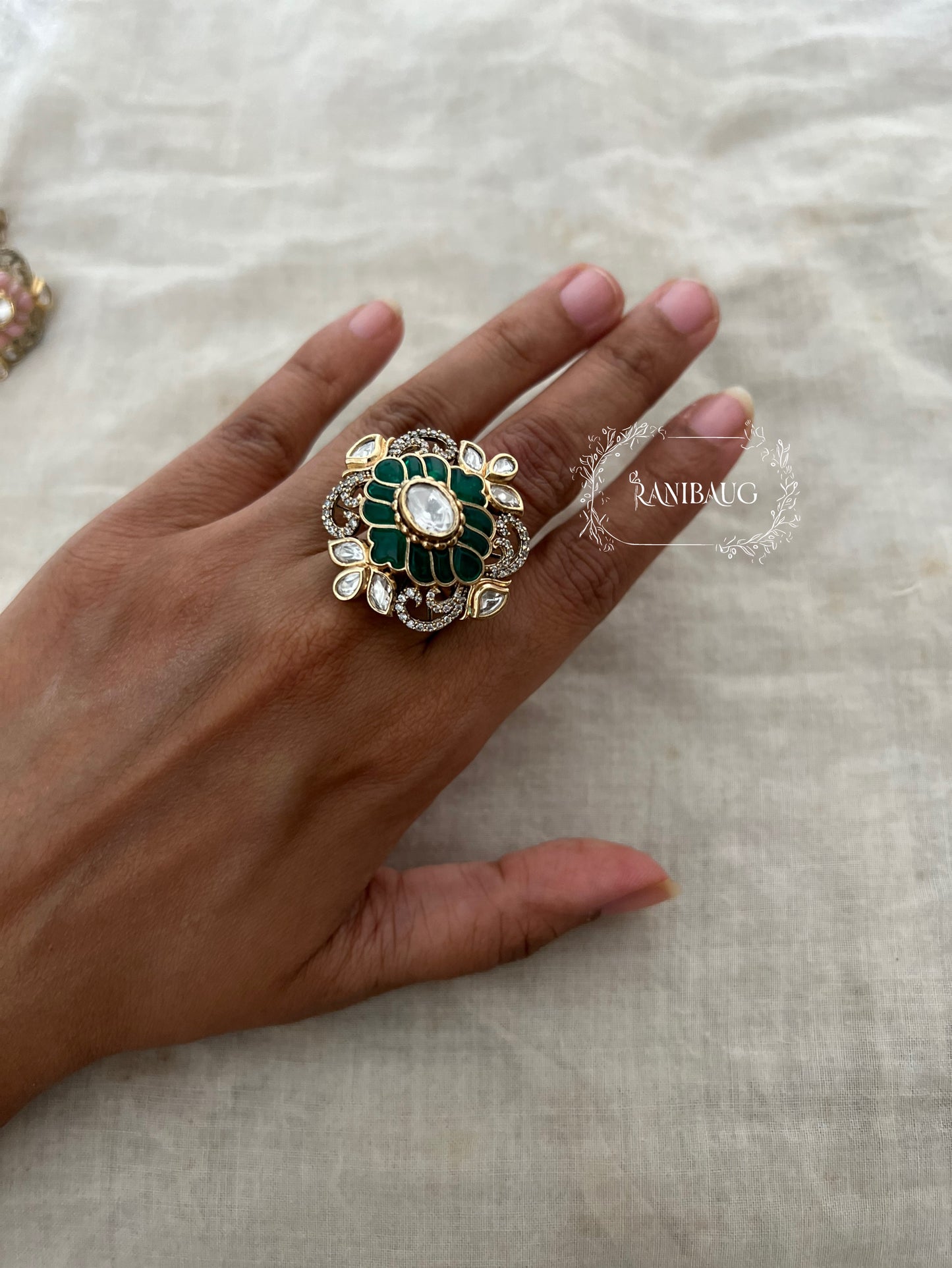 Rutvi Royal Traditional Vintage Gold Finish Polki Statement Festive Ring Jewelry By Ranibaug