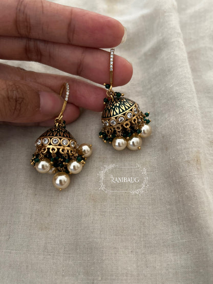 Saachi Antique Gold Dangler Jhumki Earrings With Dangling Pearls And Gold And Color Bead Accents By Ranibaug