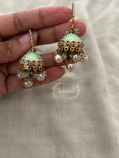 Saachi Antique Gold Dangler Jhumki Earrings With Dangling Pearls And Gold And Color Bead Accents By Ranibaug