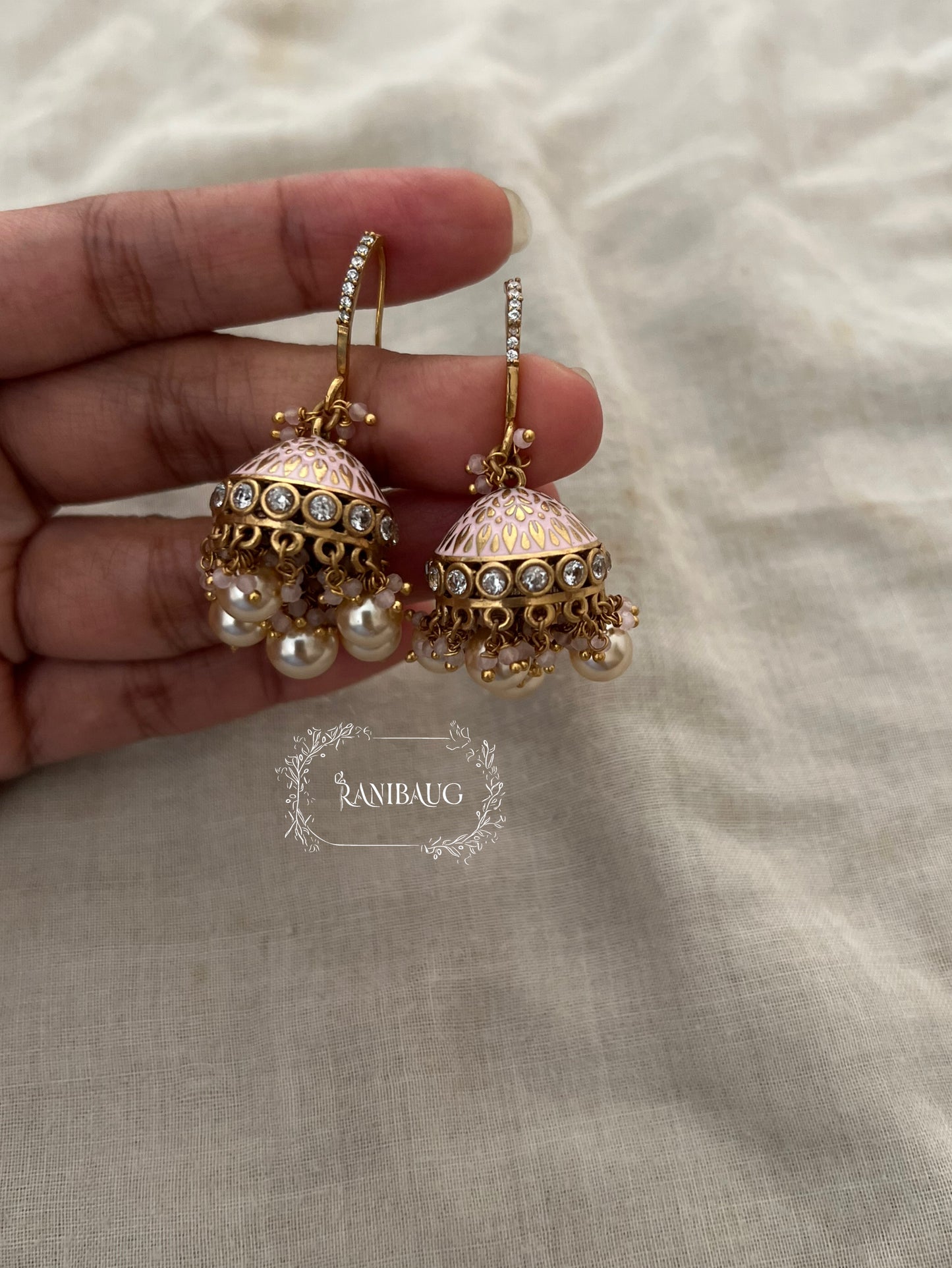 Saachi Antique Gold Dangler Jhumki Earrings With Dangling Pearls And Gold And Color Bead Accents By Ranibaug