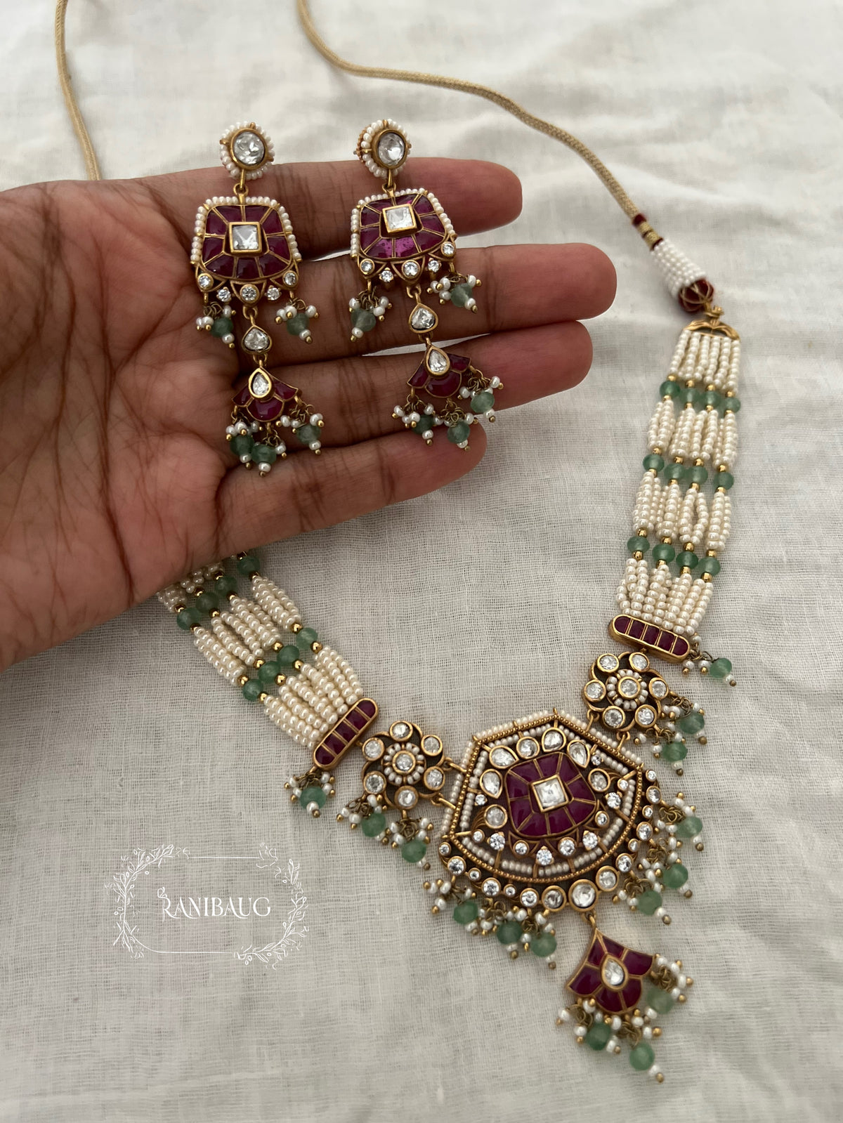 Saanjh Polki Pearl Emerald Ruby Indian Festive Necklace Set By Ranibaug