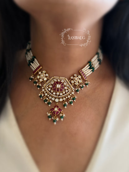Saanjh Polki Pearl Emerald Ruby Indian Festive Necklace Set By Ranibaug