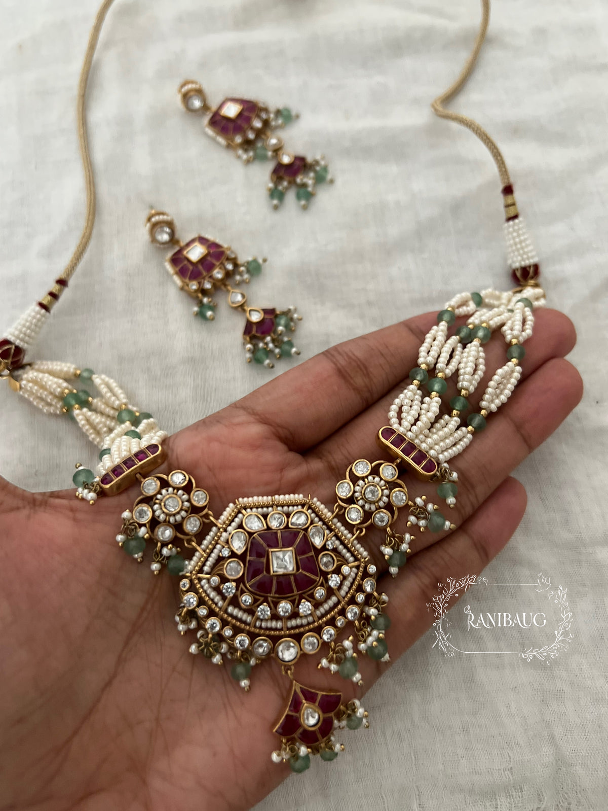 Saanjh Polki Pearl Emerald Ruby Indian Festive Necklace Set By Ranibaug