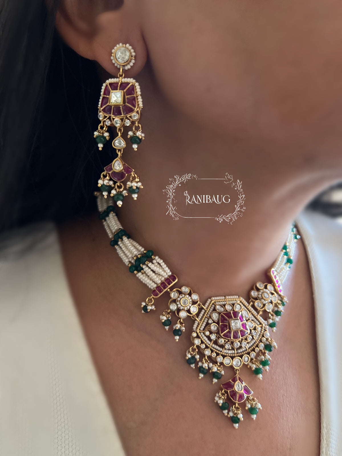 Saanjh Polki Pearl Emerald Ruby Indian Festive Necklace Set By Ranibaug