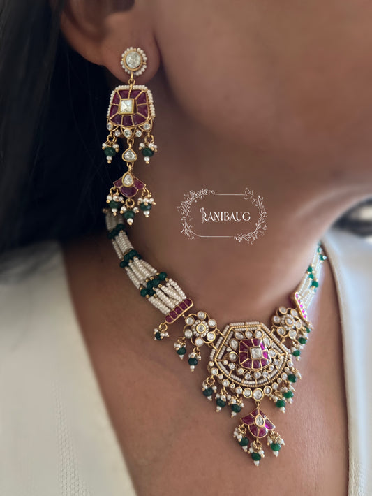 Saanjh Polki Pearl Emerald Ruby Indian Festive Necklace Set By Ranibaug