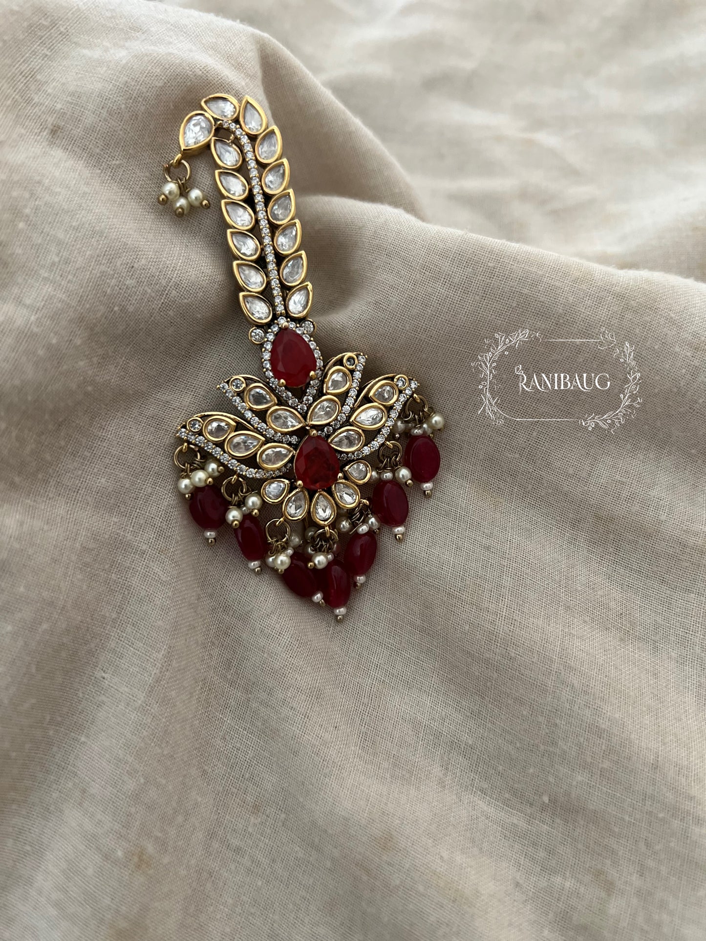 Saanjh Ruby Red And Mossainite Victorian Kalgi For Wedding By Ranibaug | Groom'S Wedding Accessories