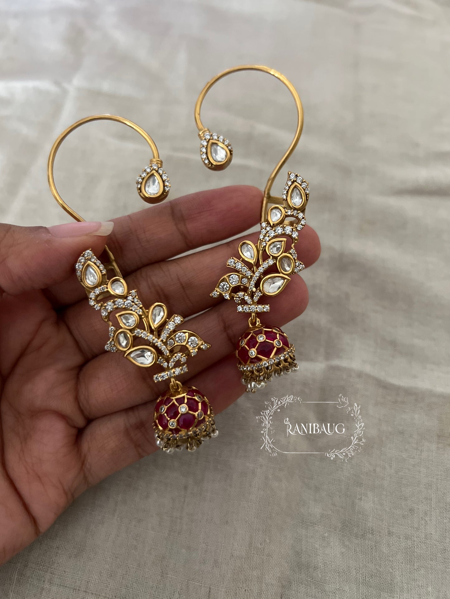 Sabhya Designer Polki Studded Gold Finish Jhumki Earcuff Jewellery By Ranibaug