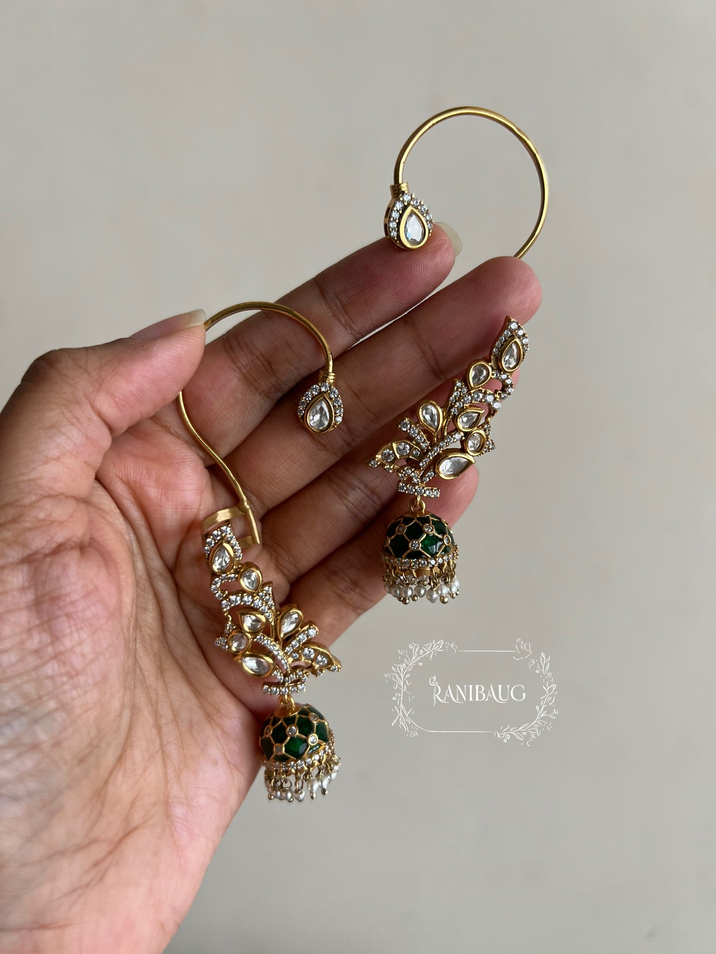 Sabhya Designer Polki Studded Gold Finish Jhumki Earcuff Jewellery By Ranibaug