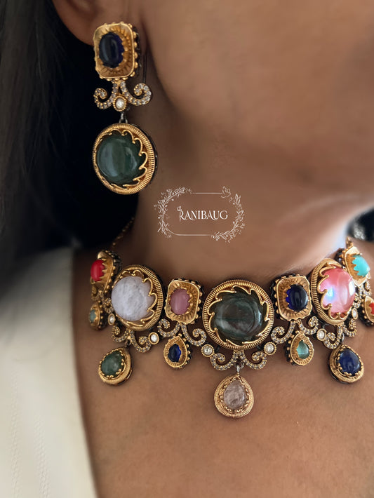 Sabya Kalika Statement Multicolor Victorian Style Vintage Set In Rich Gold Finish | 2026 Festive Multicolor Jewellry Set Collection