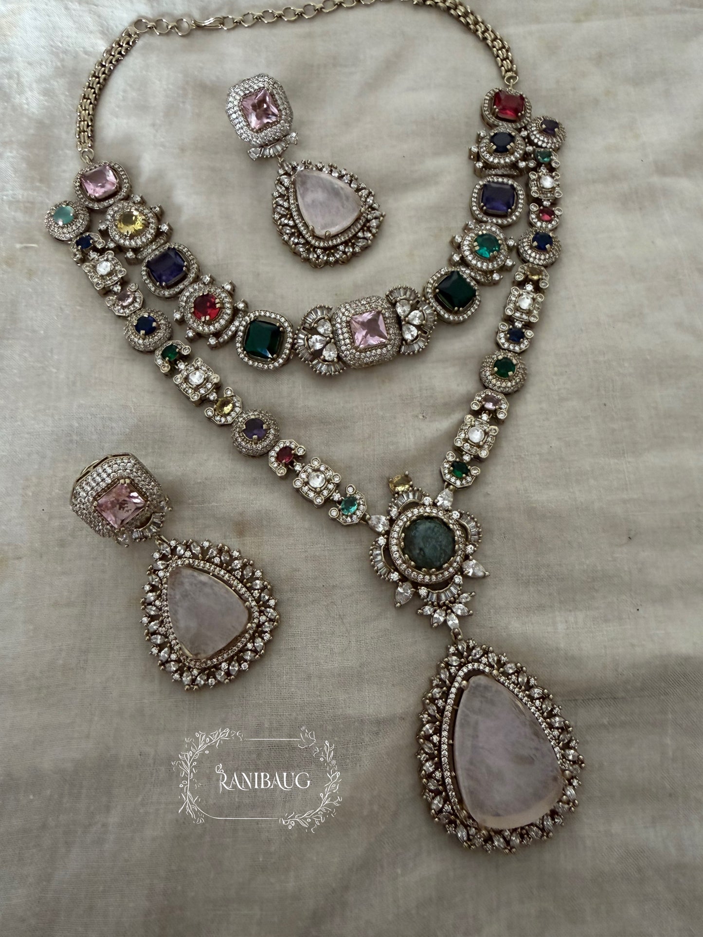 Sabya Ratnam Pastel Hues Multicolor Two Layered Drop Gemstone Motif Necklace Set In Victorian Finish By Ranibaug