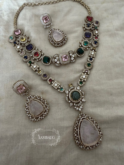 Sabya Ratnam Pastel Hues Multicolor Two Layered Drop Gemstone Motif Necklace Set In Victorian Finish By Ranibaug