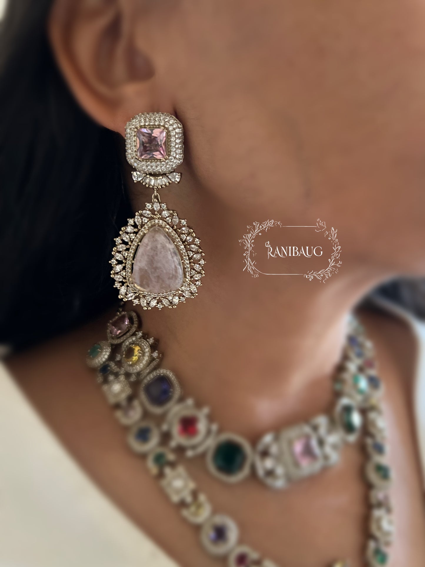 Sabya Ratnam Pastel Hues Multicolor Two Layered Drop Gemstone Motif Necklace Set In Victorian Finish By Ranibaug