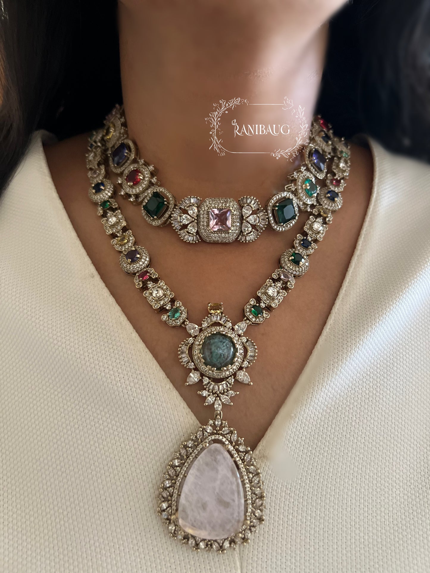 Sabya Ratnam Pastel Hues Multicolor Two Layered Drop Gemstone Motif Necklace Set In Victorian Finish By Ranibaug