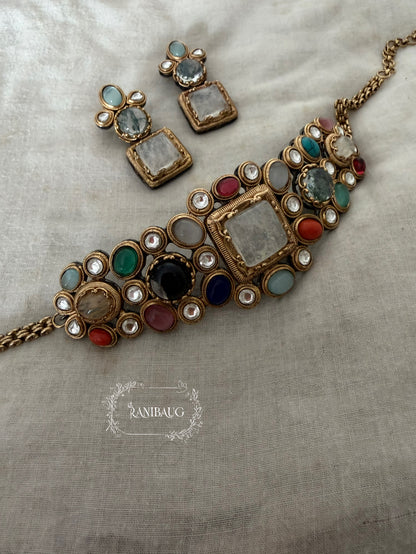 Sabya Shobha Multicolor Polki And Gemstone Studded Choker Set By Ranibaug